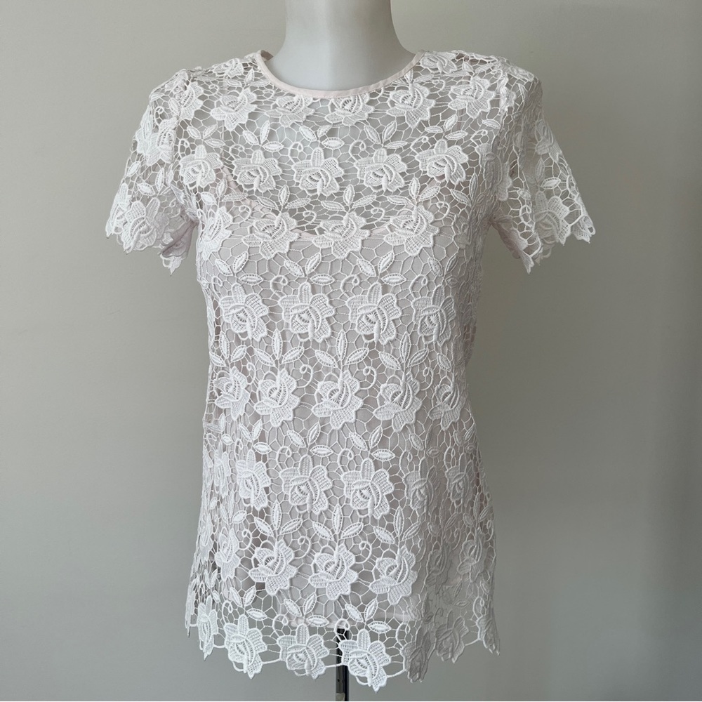 Zara Basic Guipure Lace Top Blouse Short Sleeve Lined Tank Top Floral Pink Sz XS
